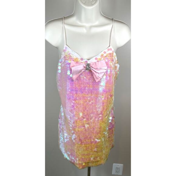 LoveShackFancy Kumi Sequin Bow Detail Irridescent Pink Mini Dress Size 2 - Picture 5 of 9